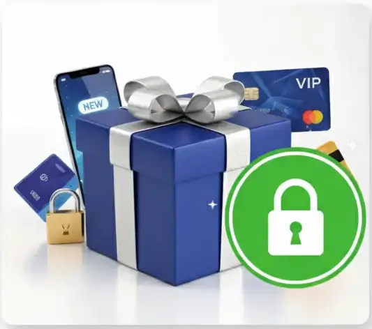 Cadeau bleu, smartphone, cartes bancaires VIP et cadenas vert symbolisant l'accès exclusif à des offres privées