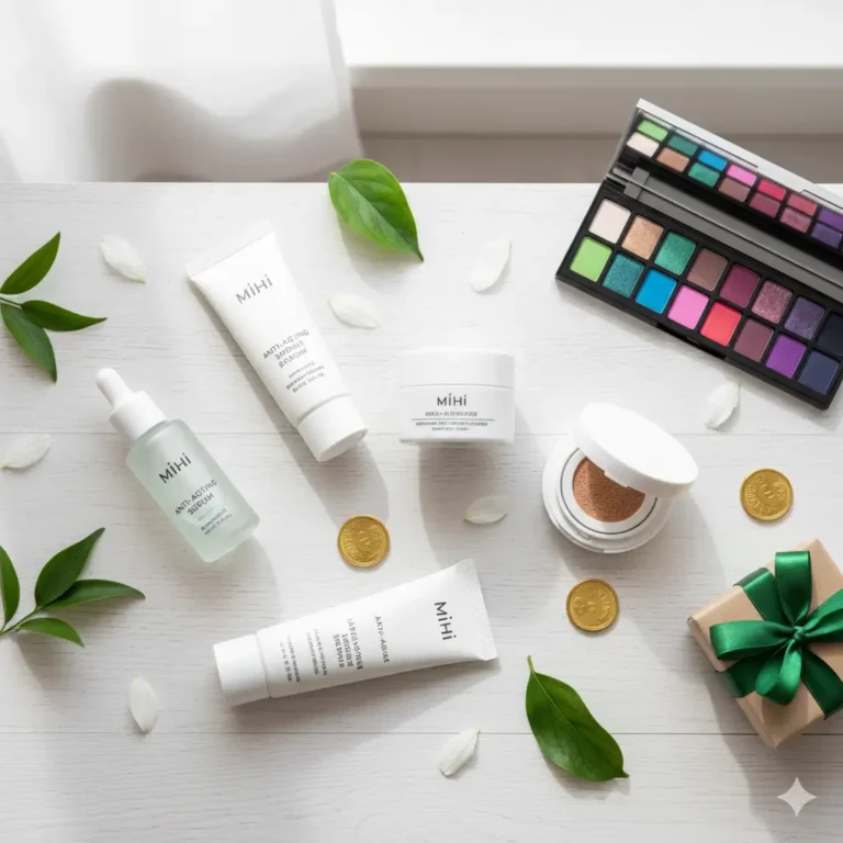 Une sélection de produits pour découvrir Mihi, incluant des soins pour la peau et du maquillage, joliment disposés