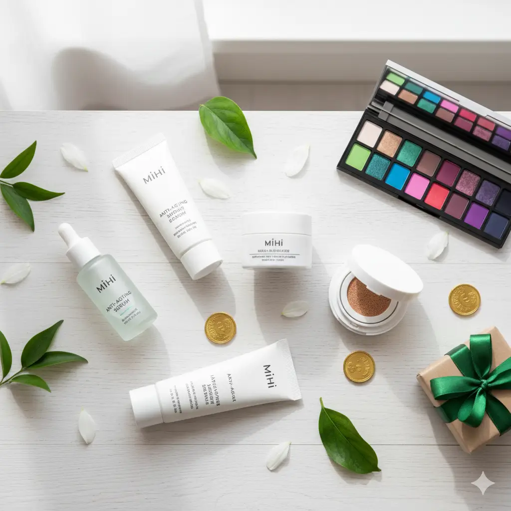 Une sélection de produits pour découvrir Mihi, incluant des soins pour la peau et du maquillage, joliment disposés