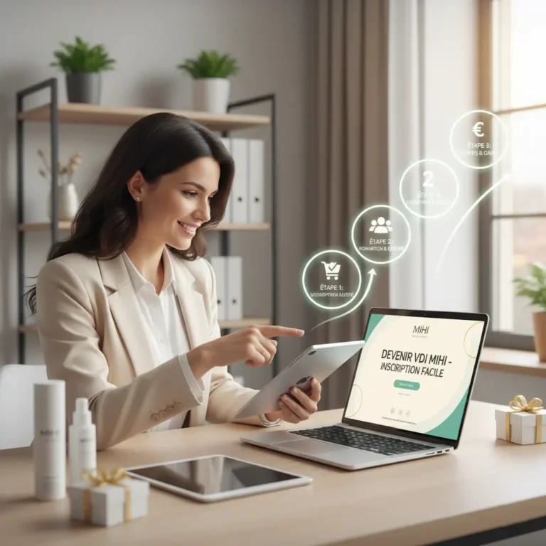 Une femme souriante s'inscrit en ligne pour devenir VDI Mihi, avec des icônes montrant les étapes à suivre pour démarrer son activité