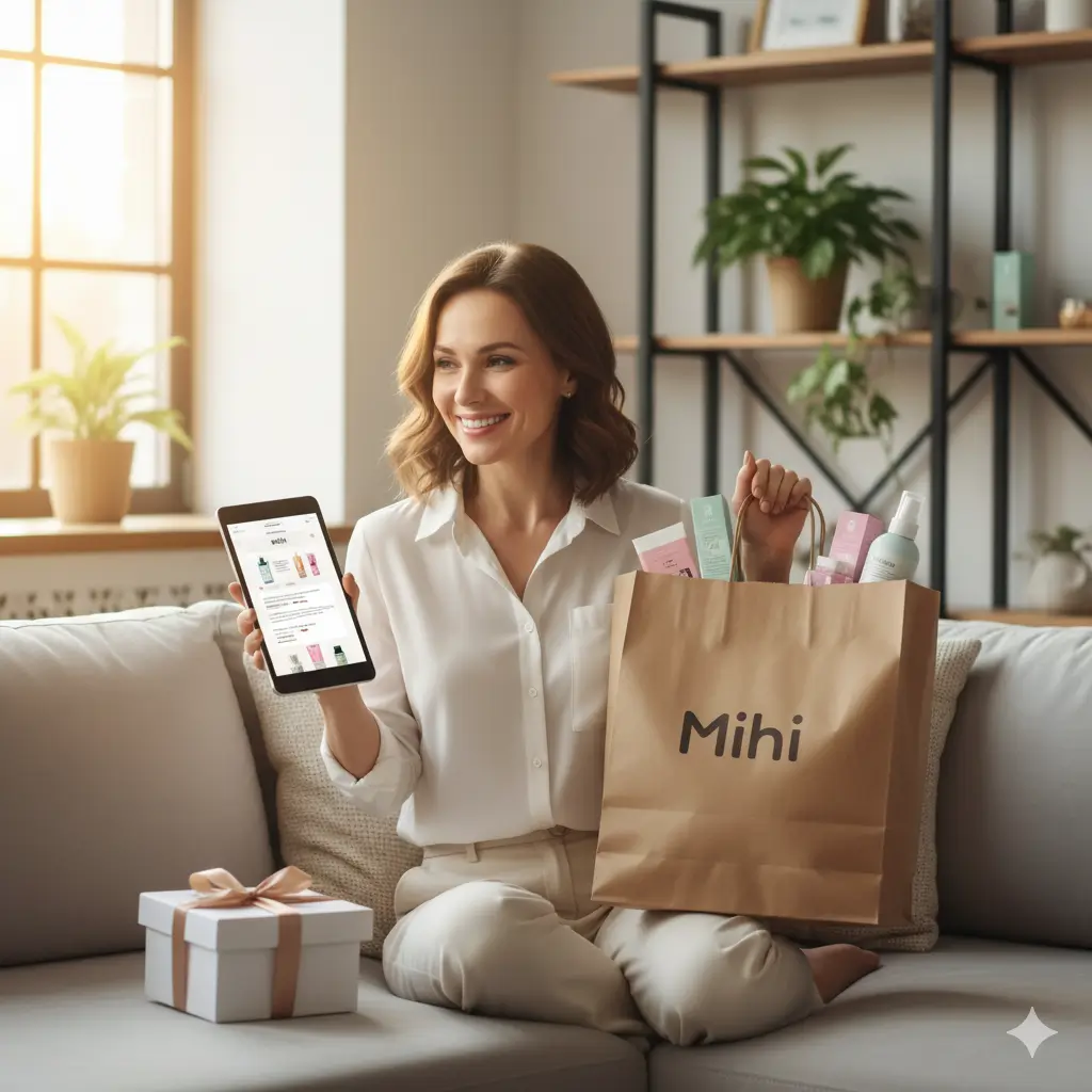 Une femme heureuse fait du shopping en ligne Mihi, symbolisant les avantages du statut Client Privilège