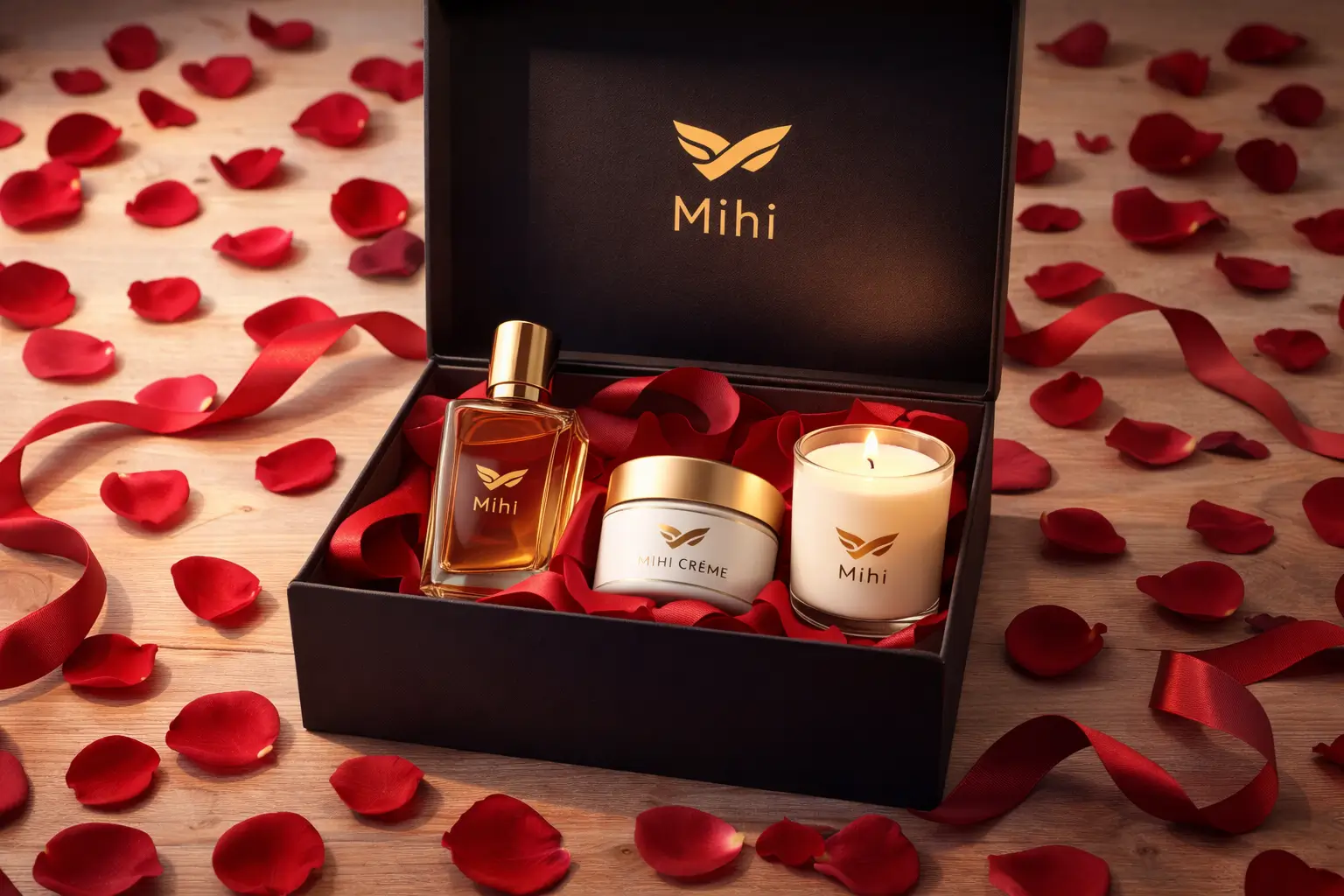 Une sélection élégante de coffret cadeau Saint-Valentin Mihi avec roses et parfums.