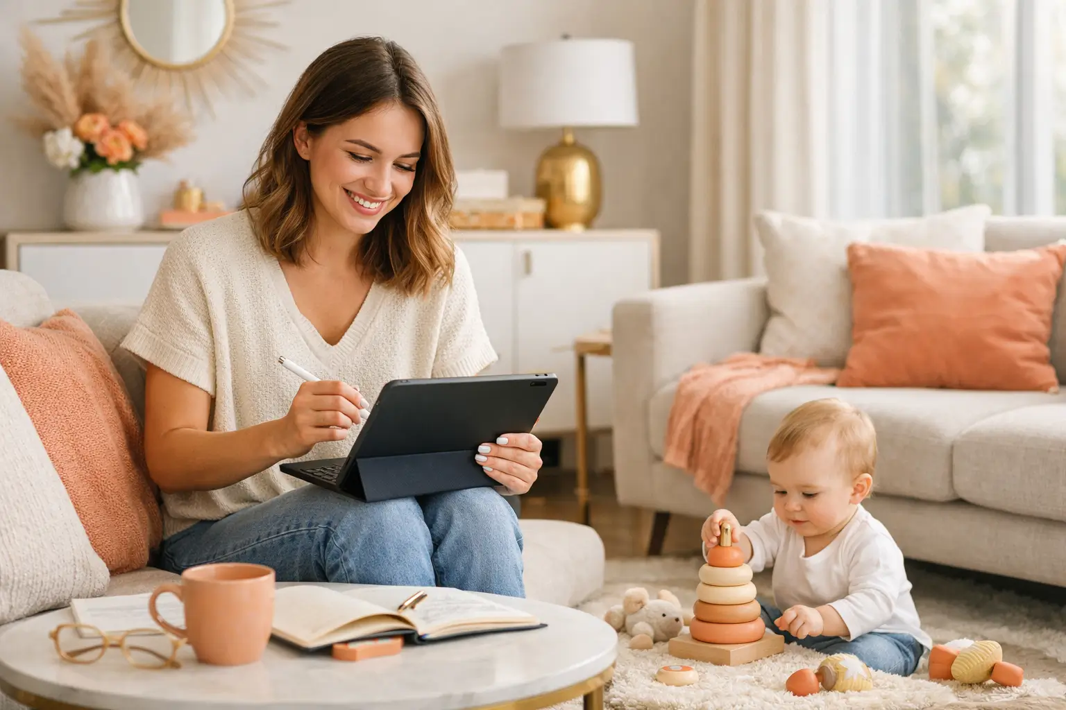 Une maman entrepreneuse souriante avec son bébé, illustrant la prime parentale Mihi.