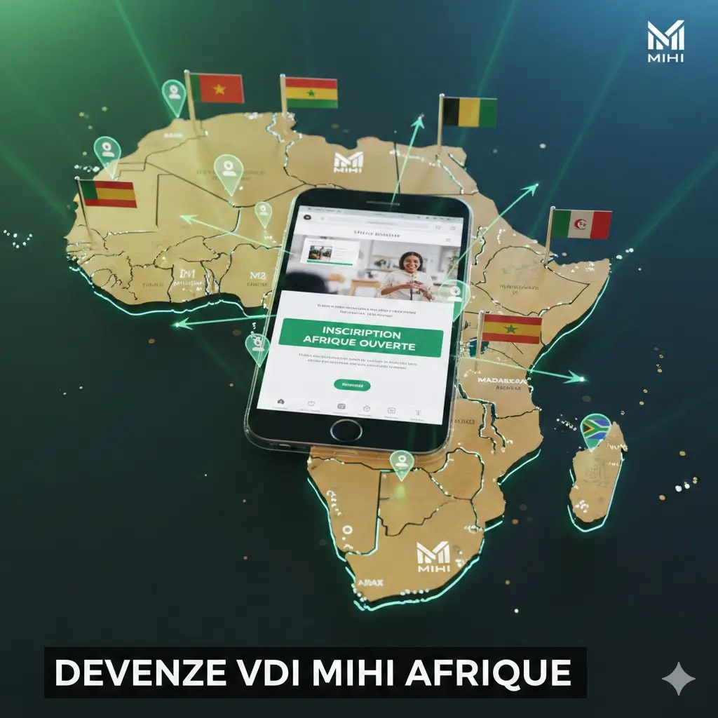 Carte de l'Afrique et smartphone montrant comment Devenir VDI Mihi Afrique.