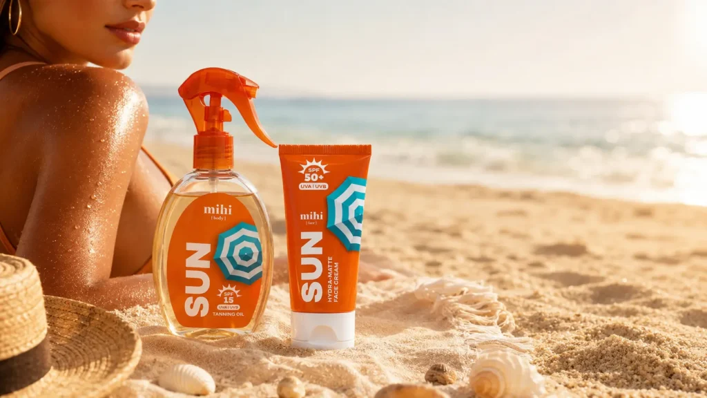 Gamme solaire Mihi : Hydra-Matte Face Cream SPF 50+ et Huile de bronzage SPF 15 pour un teint hâlé sécurisé.