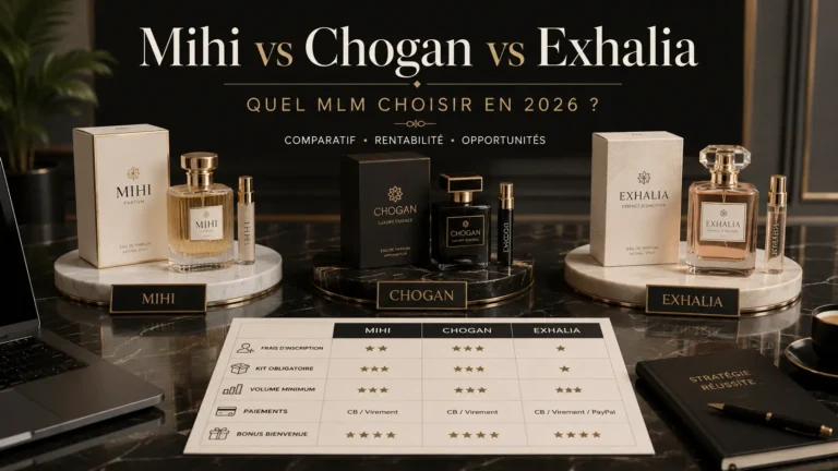 Meilleur mlm cosmétique 2026 : tableau comparatif des gains, kits et plans de rémunération entre Mihi, Chogan et Exhalia.